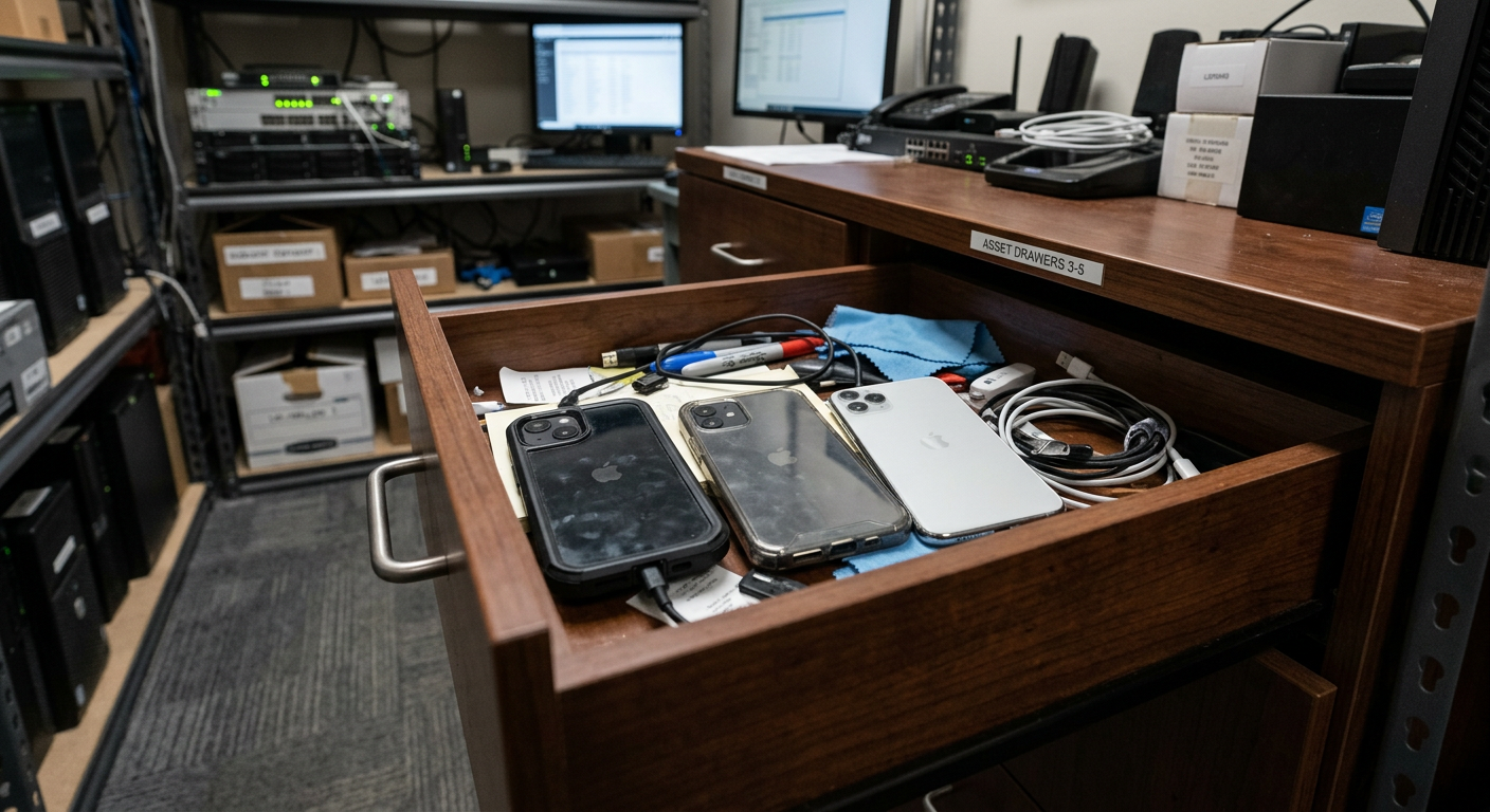 Firefly_Gemini Flash_3 iphones, in a half pulled out drawer in an business office, IT room 285202